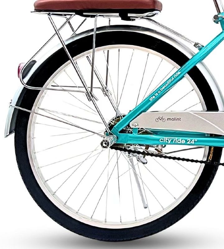 Rear wheel, mudguard and carrier in teal