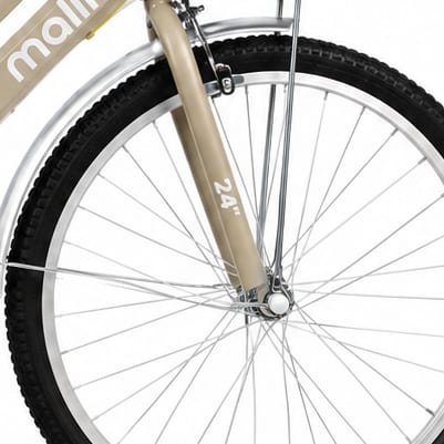 Front wheel, mudguard and the 24 inch mark on the fork