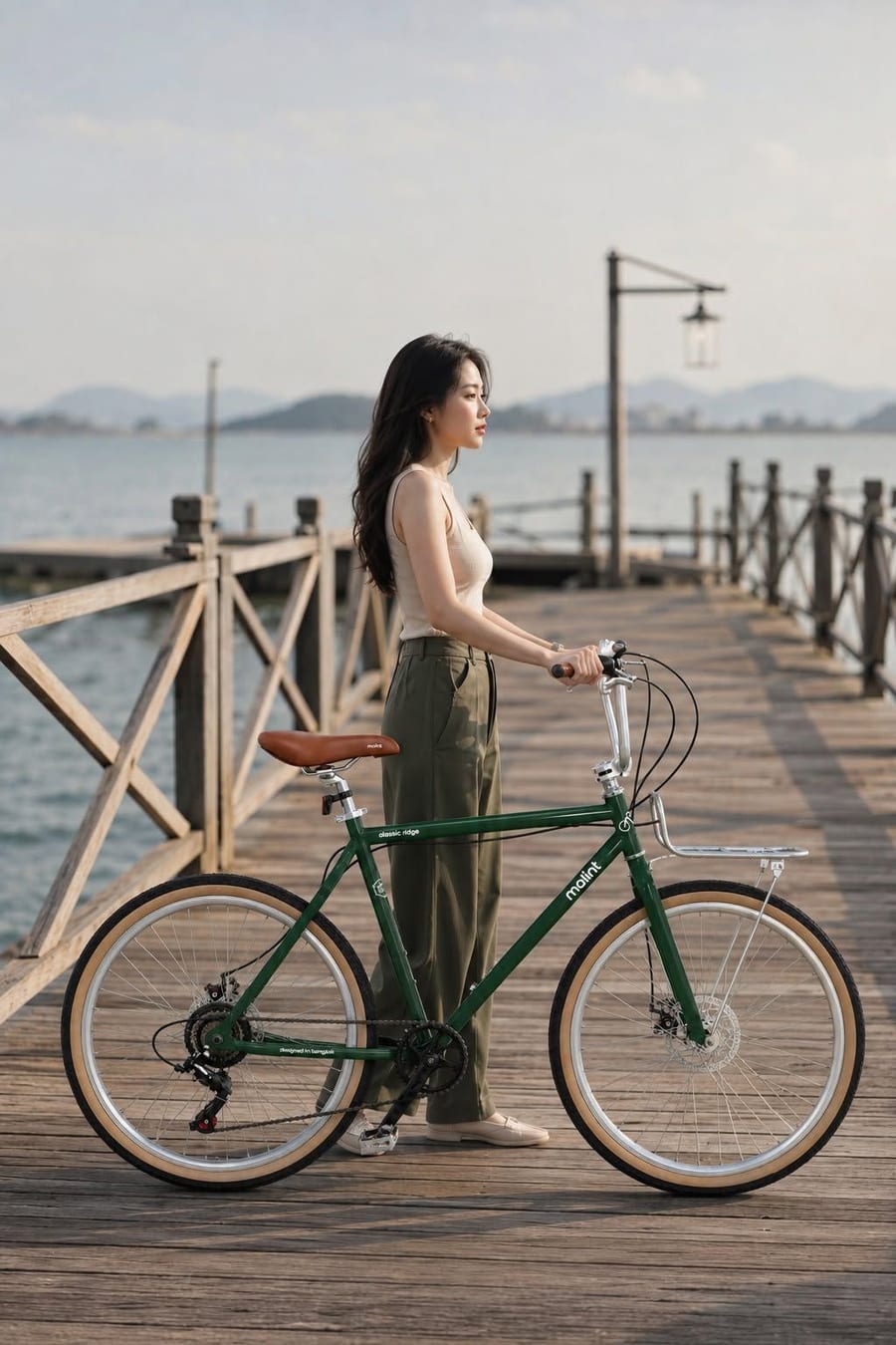 A Classic Ridge in green, walked along a wooden pier