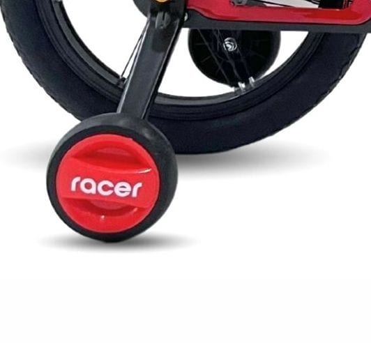 Red training wheel beside the rear wheel